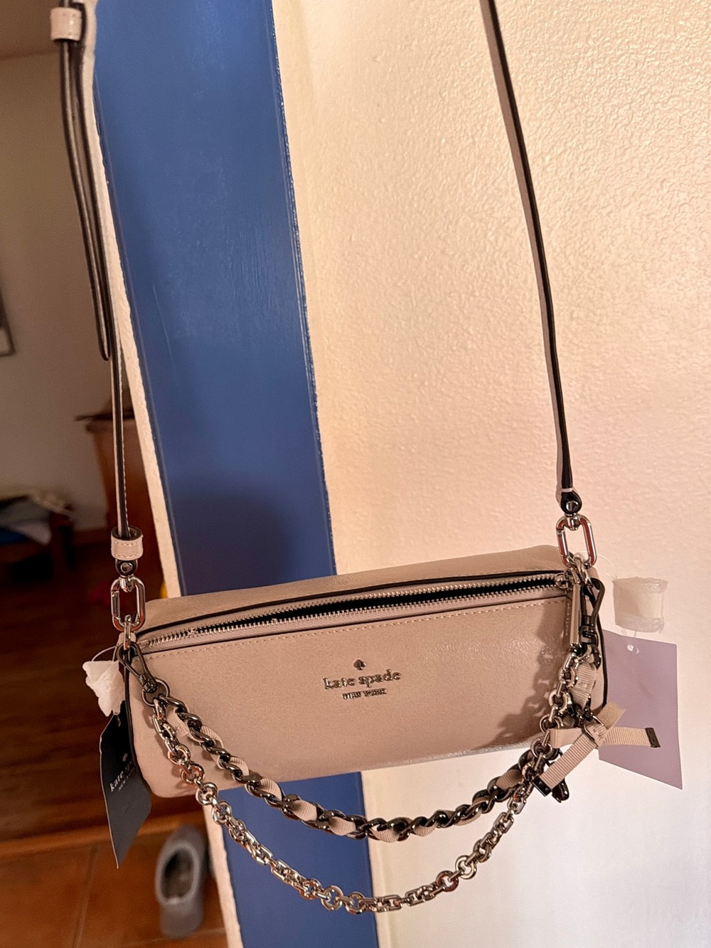 kate spade blush beige leather crossbody with dual chain straps